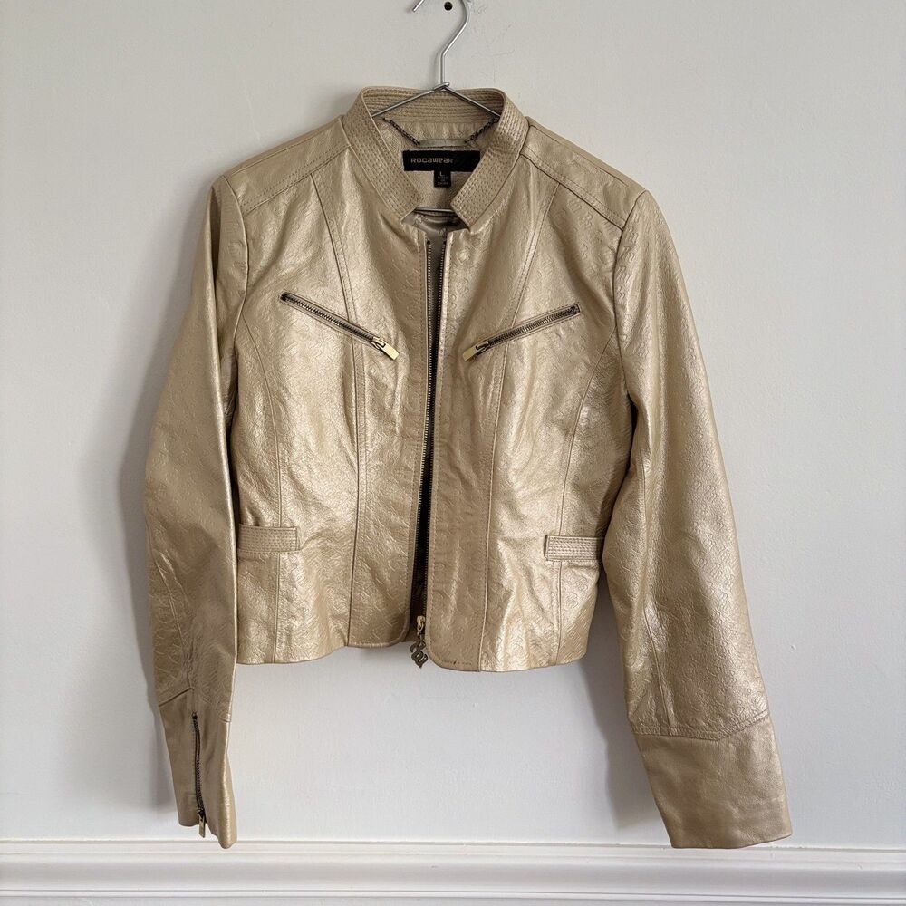 Y2K Rocawear Metallic Champagne Leather Jacket All Over Print Cropped Large